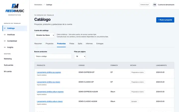 Captura de la Workstation: catálogo de productos (datos de demostración)