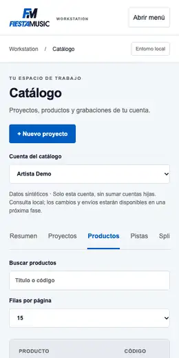Captura de la Workstation en el móvil: catálogo (datos de demostración)